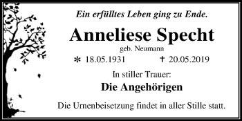 Traueranzeige von Anneliese Specht von WVG - Wochenspiegel Dessau / Köthen