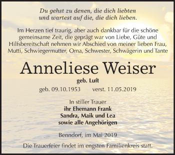 Traueranzeige von Anneliese Weiser von Mitteldeutsche Zeitung Mansfelder Land