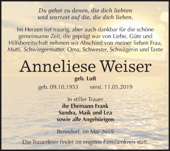 Traueranzeige von Anneliese Weiser von Super Sonntag SGH Mansf. Land
