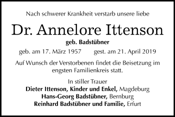 Traueranzeige von Annelore Ittenson von Mitteldeutsche Zeitung
