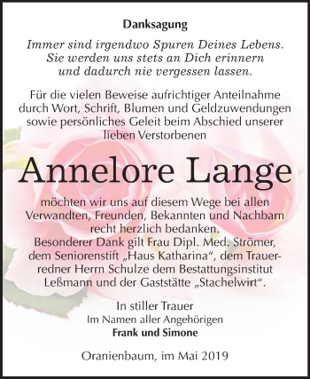 Traueranzeige von Annelore Lange von Mitteldeutsche Zeitung