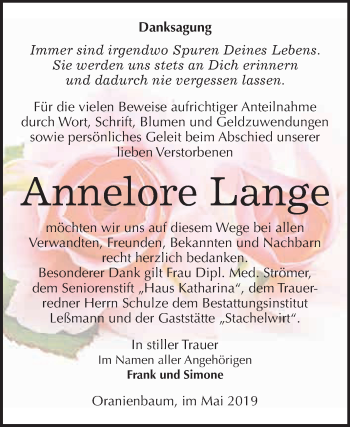 Traueranzeige von Annelore Lange von WVG - Wochenspiegel Wittenberg