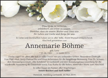 Traueranzeige von Annemarie Böhme von Super Sonntag Aschersleben