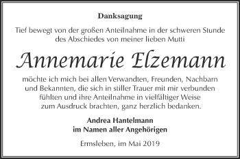 Traueranzeige von Annemarie Elzemann von Super Sonntag Aschersleben