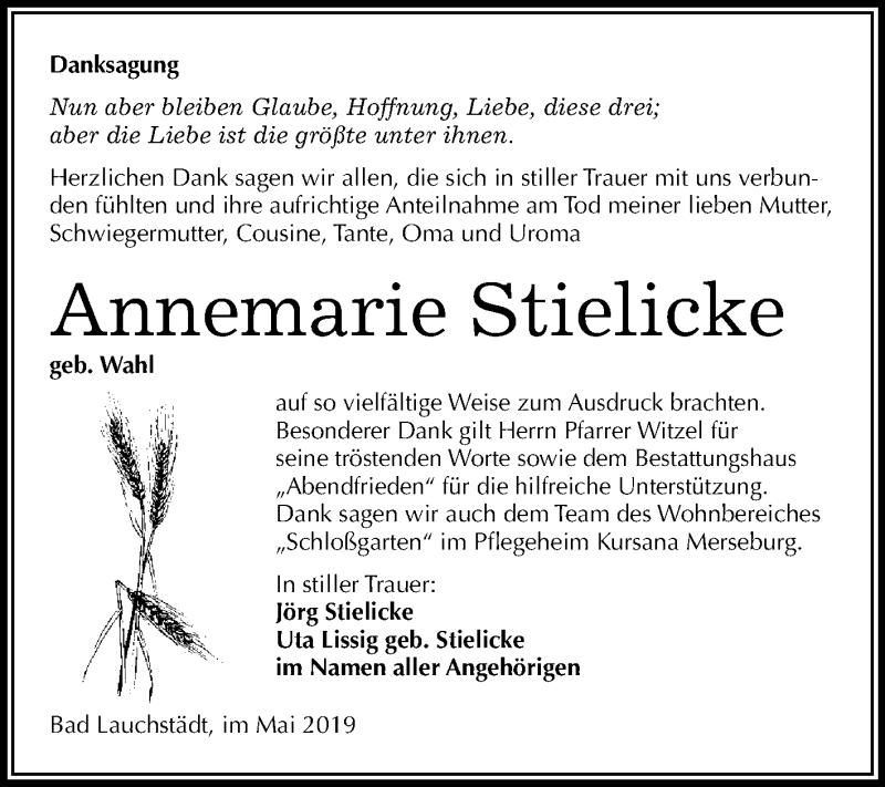  Traueranzeige für Annemarie Stielicke vom 11.05.2019 aus WVG - Wochenspiegel Merseburg