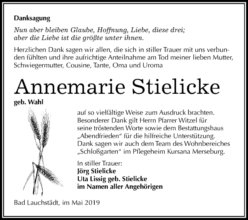  Traueranzeige für Annemarie Stielicke vom 11.05.2019 aus Mitteldeutsche Zeitung