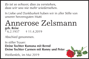 Traueranzeige von Annerose Zelsmann von Mitteldeutsche Zeitung Weißenfels