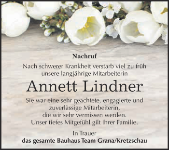 Traueranzeige von Annett Lindner von Super Sonntag Zeitz