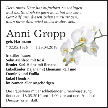 Traueranzeige von Anni Gropp von WVG - Wochenspiegel Dessau / Köthen