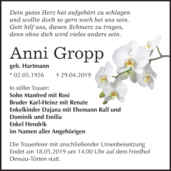 Traueranzeige von Anni Gropp von Mitteldeutsche Zeitung