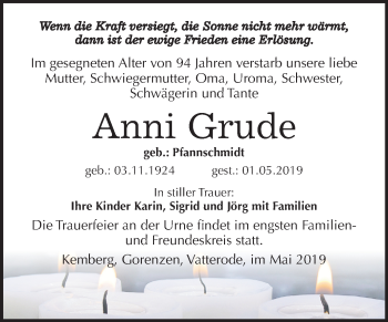 Traueranzeige von Anni Grude von Mitteldeutsche Zeitung