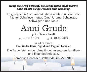 Traueranzeige von Anni Grude von Super Sonntag SGH Mansf. Land