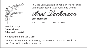 Traueranzeige von Anni Lachmann von WVG - Wochenspiegel Merseburg