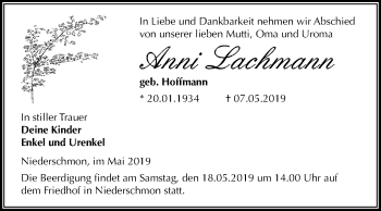 Traueranzeige von Anni Lachmann von Mitteldeutsche Zeitung Merseburg/Querfurt
