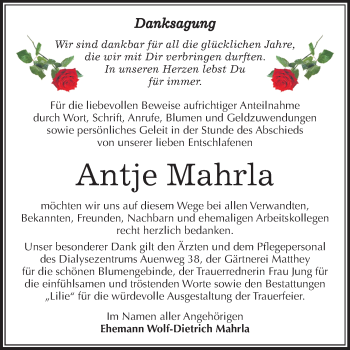Traueranzeige von Antje Mahrla von Mitteldeutsche Zeitung