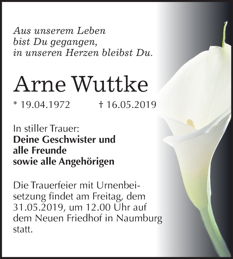  Traueranzeige für Arne Wuttke vom 22.05.2019 aus Mitteldeutsche Zeitung