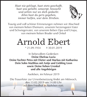 Traueranzeige von Arnold Ebert von Mitteldeutsche Zeitung Mansfelder Land