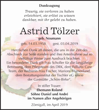 Traueranzeige von Astrid Tölzer von WVG - Wochenspiegel Wittenberg