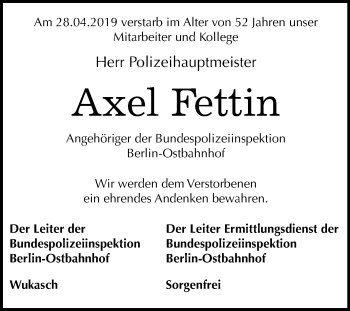Traueranzeige von Axel Fettin von Mitteldeutsche Zeitung