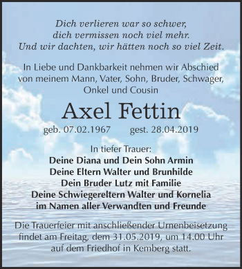 Traueranzeige von Axel Fettin von WVG - Wochenspiegel Wittenberg