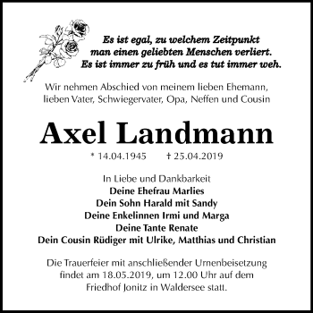 Traueranzeige von Axel Landmann von WVG - Wochenspiegel Dessau / Köthen