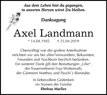 Traueranzeige von Axel Landmann von WVG - Wochenspiegel Dessau / Köthen