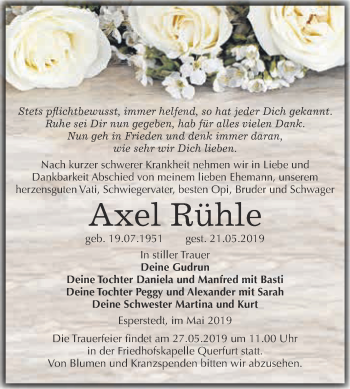 Traueranzeige von Axel Rühle von WVG - Wochenspiegel Merseburg