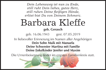 Traueranzeige von Barbara Kleffe von Mitteldeutsche Zeitung