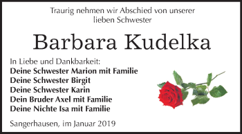 Traueranzeige von Barbara Kudelka von Mitteldeutsche Zeitung Sangerhausen