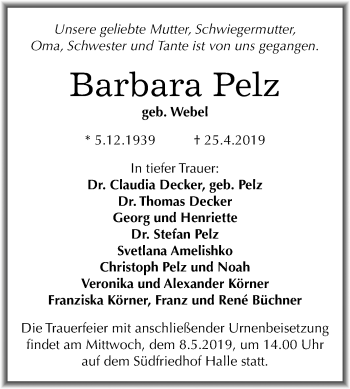 Traueranzeige von Barbara Pelz von Mitteldeutsche Zeitung Halle/Saalkreis