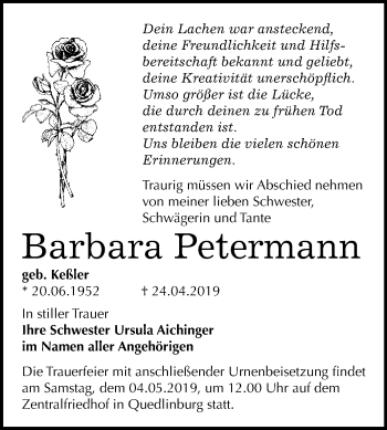 Traueranzeige von Barbara Petermann von WVG - Wochenspiegel Quedlinburg