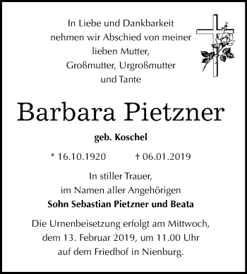 Traueranzeige von Barbara Pietzner von Mitteldeutsche Zeitung Bernburg
