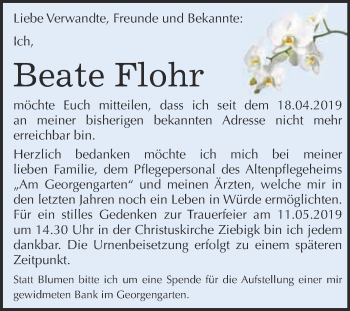 Traueranzeige von Beate Flohr von WVG - Wochenspiegel Dessau / Köthen