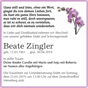 Traueranzeige von Beate Zingler von WVG - Wochenspiegel Merseburg