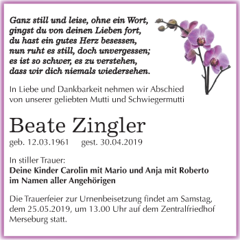 Traueranzeige von Beate Zingler von Mitteldeutsche Zeitung