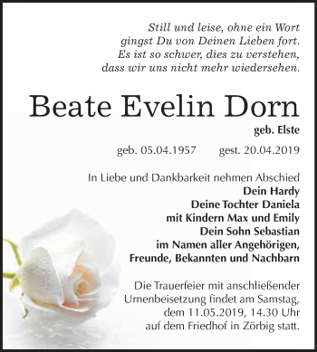 Traueranzeige von Beate Evelin Dorn von WVG - Wochenspiegel Bitterfeld