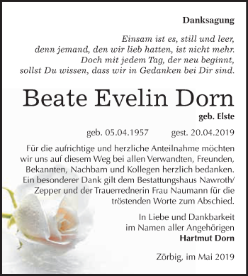 Traueranzeige von Beate Evelin Dorn von WVG - Wochenspiegel Bitterfeld