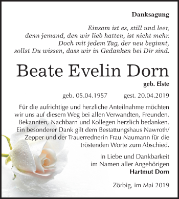 Traueranzeige von Beate Evelin Dorn von Mitteldeutsche Zeitung Bitterfeld