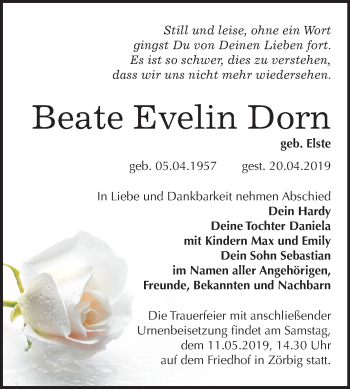 Traueranzeige von Beate Evelin Dorn von Mitteldeutsche Zeitung Bitterfeld
