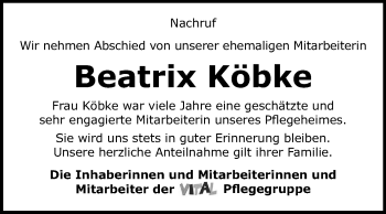 Traueranzeige von Beatrix Köbke von Mitteldeutsche Zeitung