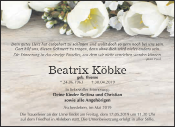 Traueranzeige von Beatrix Köbke von Super Sonntag Aschersleben