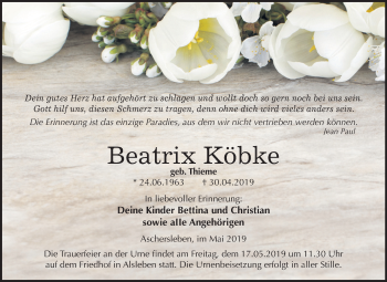 Traueranzeige von Beatrix Köbke von Mitteldeutsche Zeitung Aschersleben