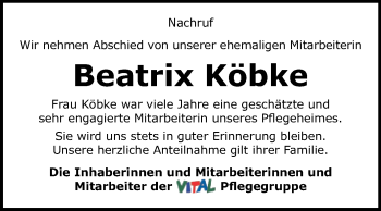 Traueranzeige von Beatrix Köbke von Super Sonntag Aschersleben