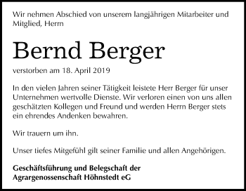 Traueranzeige von Bernd Berger von Mitteldeutsche Zeitung Halle/Saalkreis