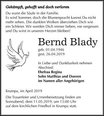 Traueranzeige von Bernd Blady von Mitteldeutsche Zeitung Merseburg/Querfurt