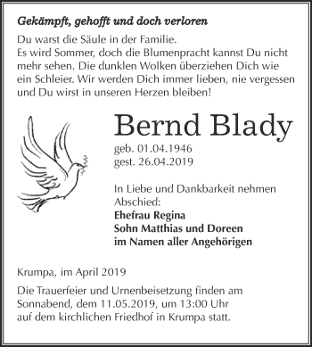 Traueranzeige von Bernd Blady von WVG - Wochenspiegel Merseburg