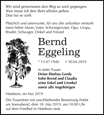 Traueranzeige von Bernd Eggeling von Mitteldeutsche Zeitung Quedlinburg
