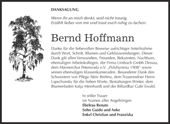 Traueranzeige von Bernd Hoffmann von WVG - Wochenspiegel Bitterfeld