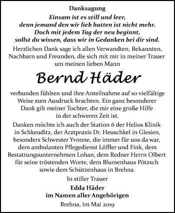 Traueranzeige von Bernd Häder von Mitteldeutsche Zeitung Bitterfeld