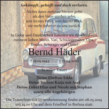 Traueranzeige von Bernd Häder von WVG - Wochenspiegel Bitterfeld